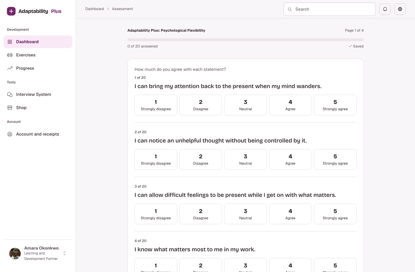 Screenshot of the Adaptability Plus assessment runner